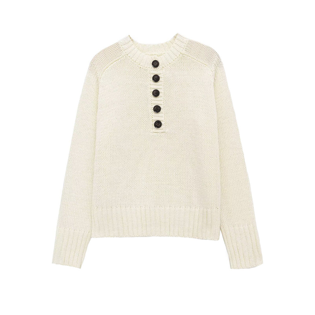 Women's chunky knit Henley sweater with wooden buttons and ribbed cuffs Chichicherry