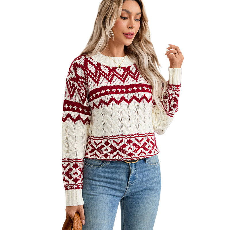 Women’s Patterned Norwegian Sweater with Cable Knit and Ribbed Cuffs Chichicherry