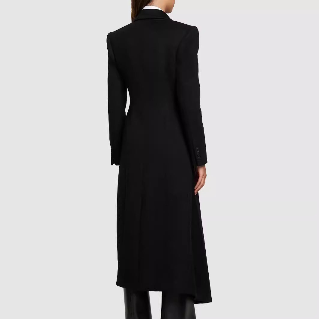 Women Maxilength Asymmetrical Double-breasted Blazer-Coat with Emphasized Shoulder Chichicherry