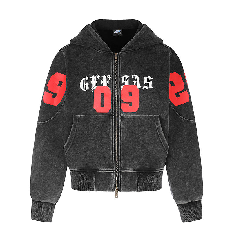 Women Short Cut Vintage Wash Hooded Zip Jacket with Gothic Print and Number Print Chichicherry