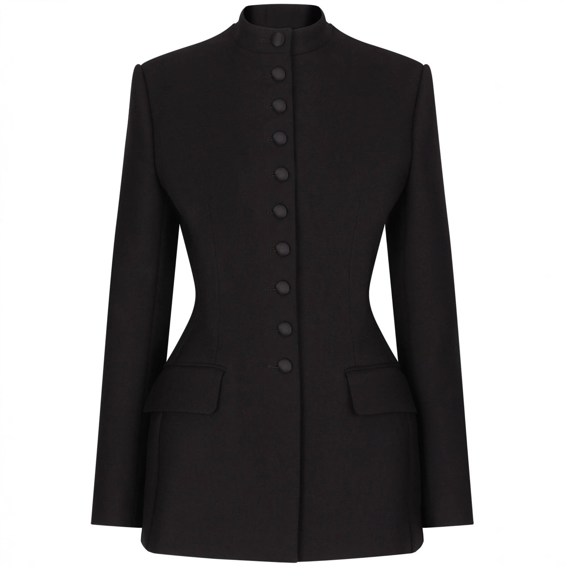 Women's Tailored Blazer with Stand-up Collar, Structured Shoulder and Decorative Button Placket Chichicherry