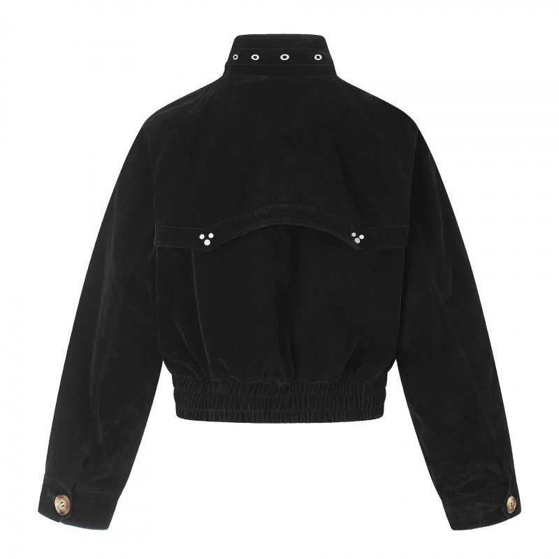Women's short-cut suede bomber jacket with high stand-up collar, metal appliqués, and elastic waistband Chichicherry