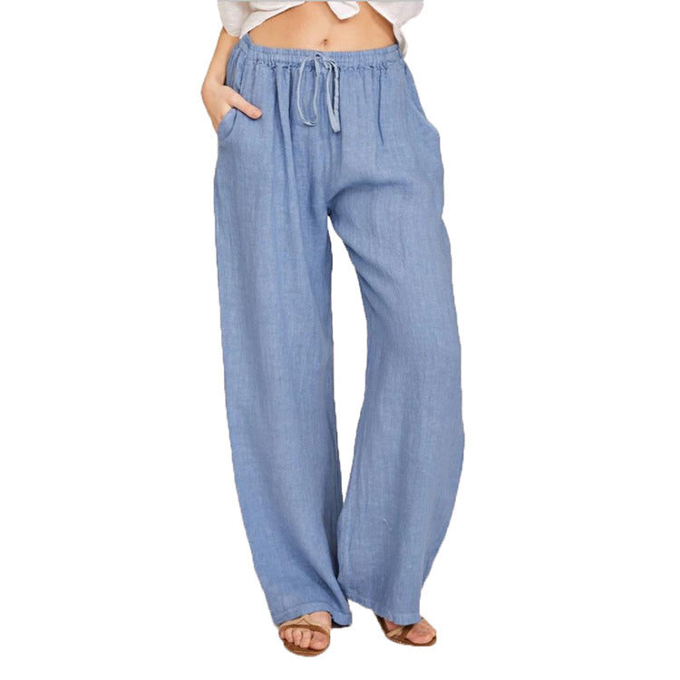Women's Lightweight Linen Pants with Wide Leg, Elastic Waistband, and Side Pockets Chichicherry