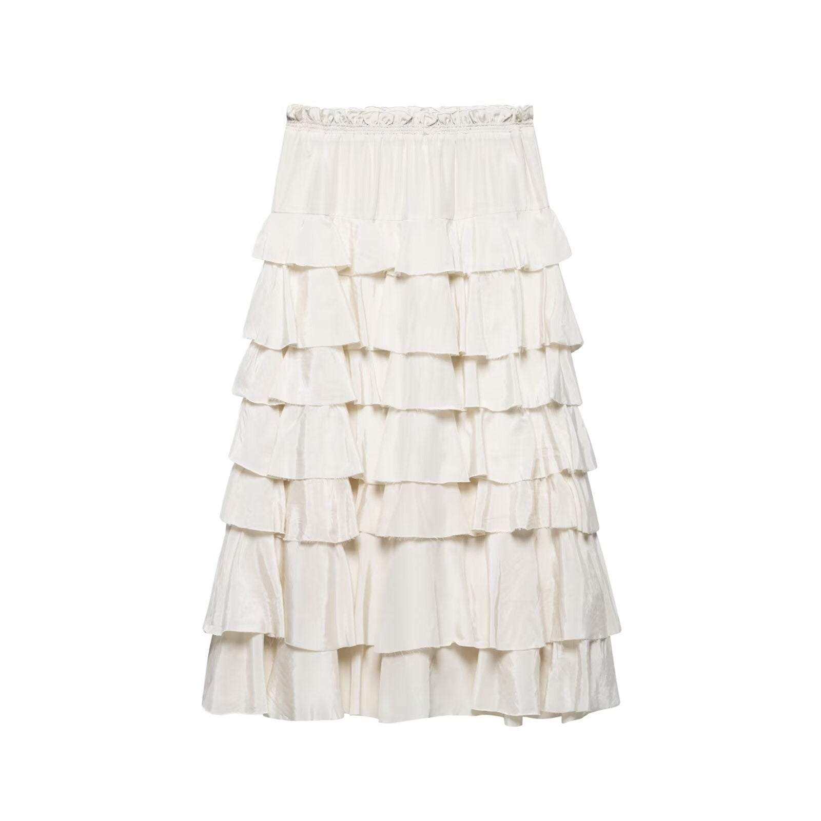 Women's tiered midi skirt with ruffles, elastic gathered waistband, and flowing satin look Chichicherry