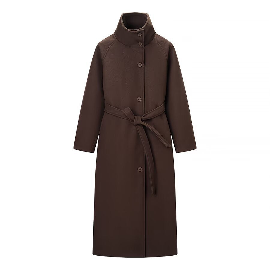 Ladies long coat with tie belt and high stand-up collar made of wool mix Chichicherry
