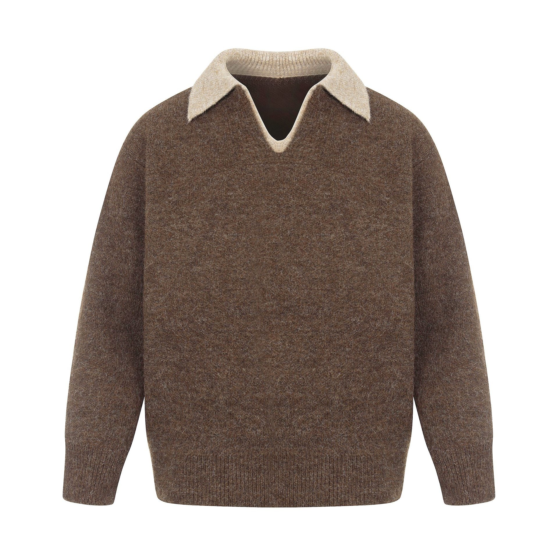 Women Oversize Wool Blend Sweater with Contrast Polo Collar and V-Neck Chichicherry