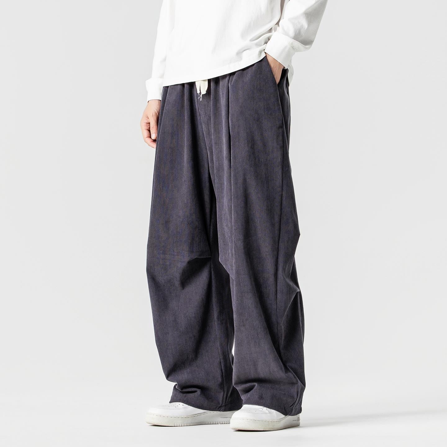 Men's wide-cut corduroy pants with pleats, drawstring, and casual baggy silhouette Chichicherry