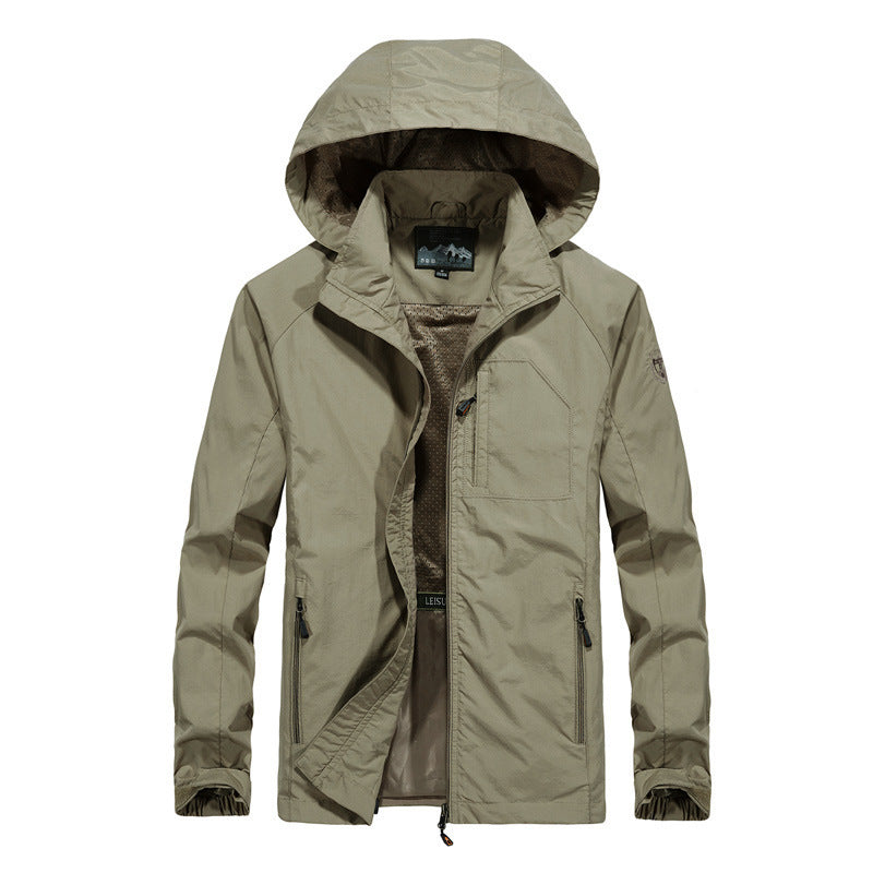 Men's Lightweight Wind-Resistant Softshell Outdoor Jacket with Hood, Mesh Lining, and Multifunctional Pockets Chichicherry