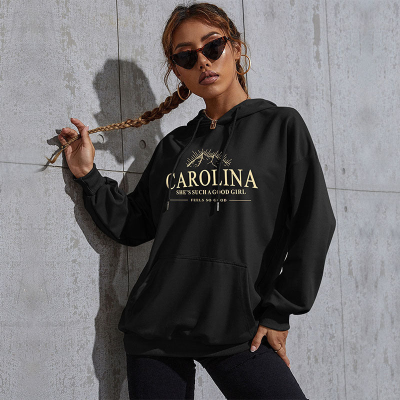 Women's Casual Oversized Hoodie with Statement Print, Kangaroo Pocket and Ribbed Cuffs Chichicherry