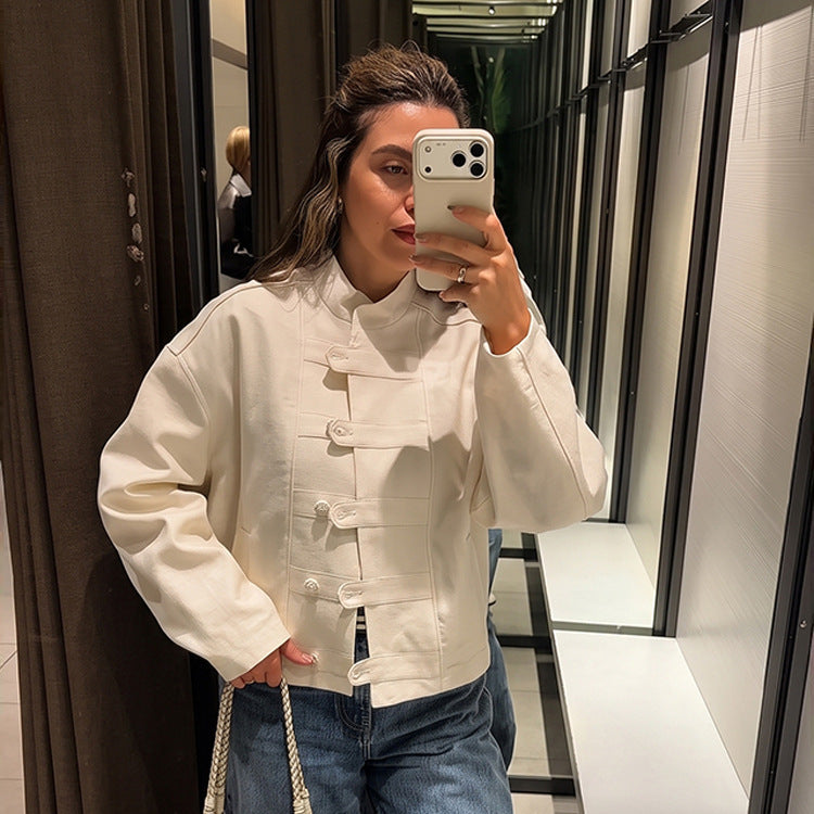 Women's Short Boxy Jacket with Mandarin Collar and Decorative Knot Button Placket Chichicherry