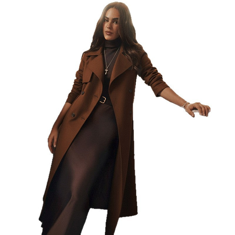 Women’s Long Tailored Wool Coat with Double-Breasted Button Placket and Tied Belt Chichicherry