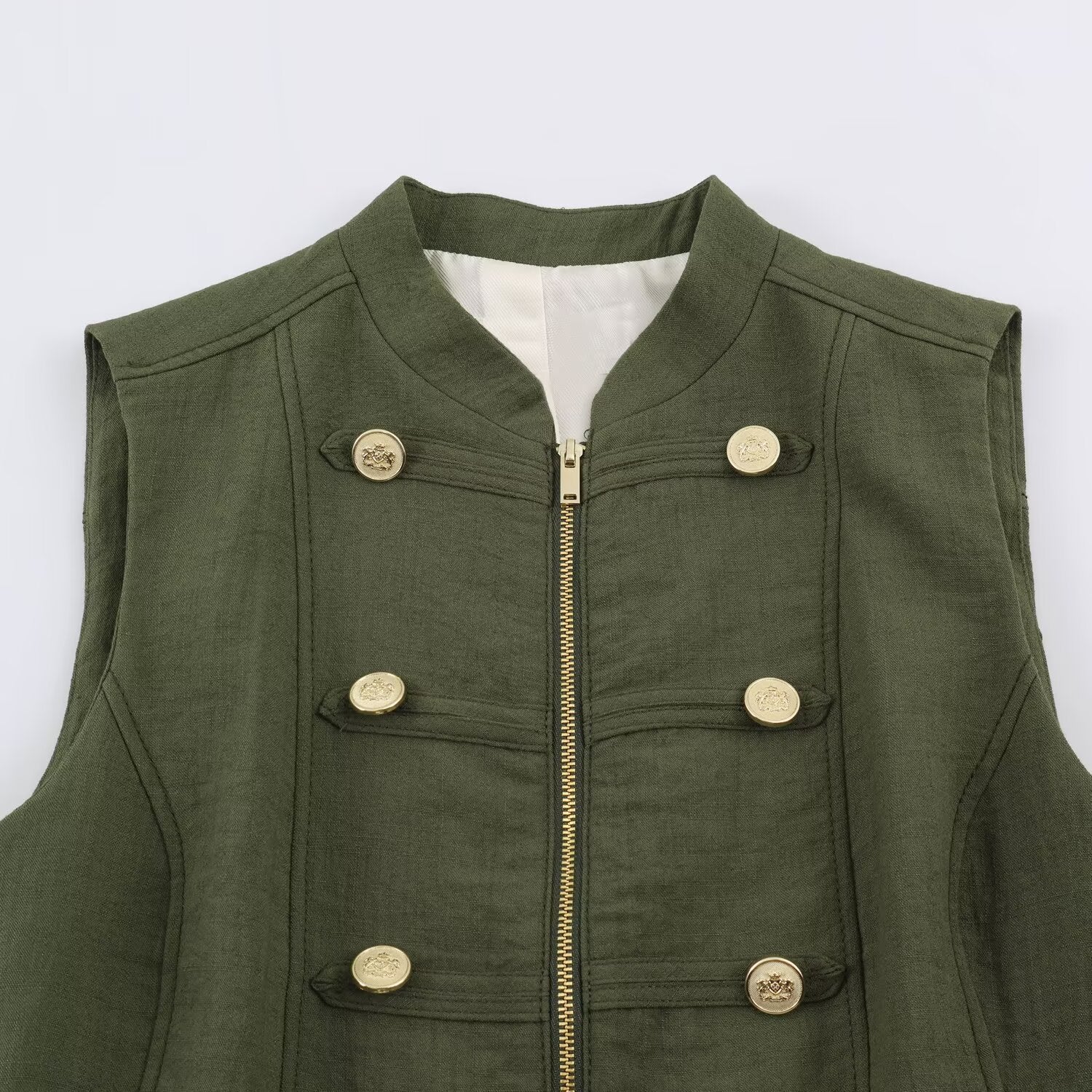 Women's Military-Inspired Tailored Vest with Stand-Up Collar and Decorative Button Placket Chichicherry
