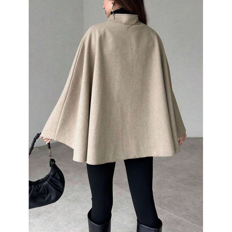 Women's cape coat with stand-up collar, flowing A-line and concealed button placket Chichicherry