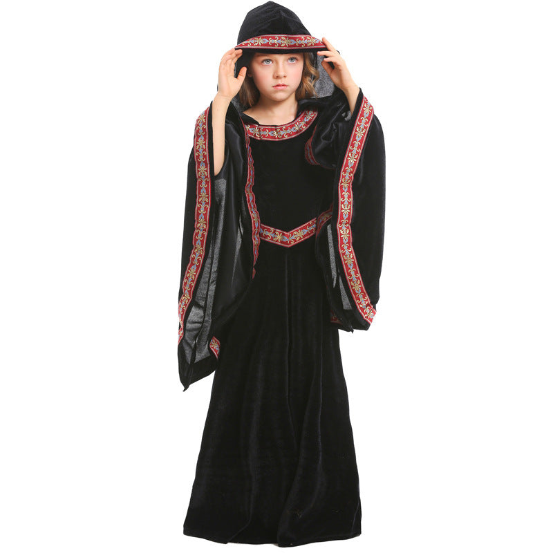 Ladies Elegant Sorceress Costume with Flared Sleeves and Playful Hooded Collar Chichicherry