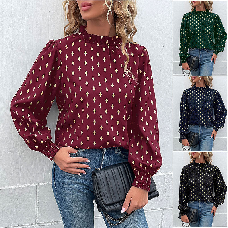 Women's Elegant Chiffon Blouse with Diamond Print, Gathered Stand Collar and Balloon Sleeves Chichicherry