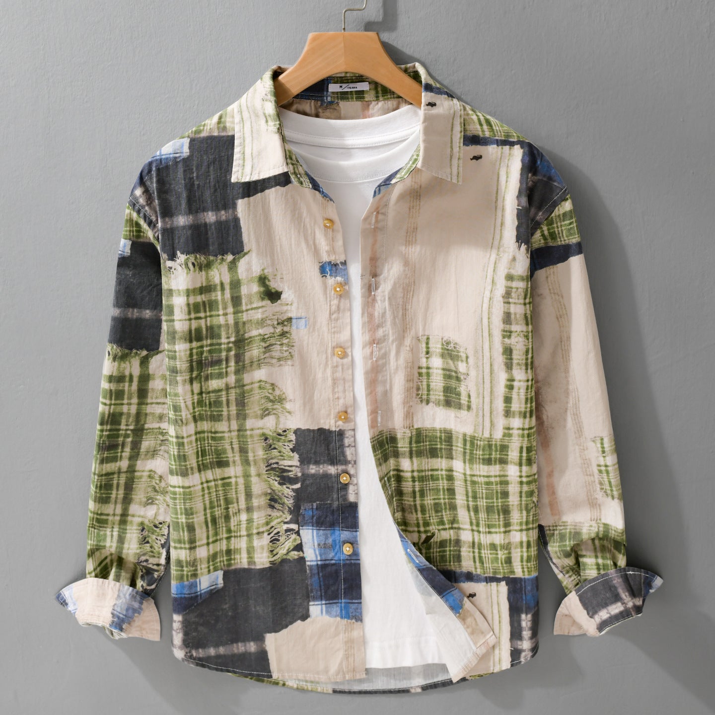Men's Relaxed Patchwork-Check Shirt Jacket with Frayed Edges and Crinkle Finish Chichicherry