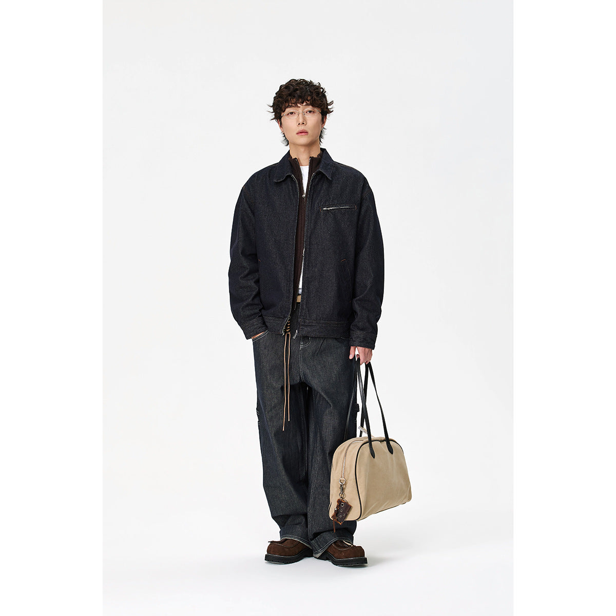 Men's Loose-Fit Denim Worker Jacket with Hidden Zipper and Slanted Chest Pocket Chichicherry