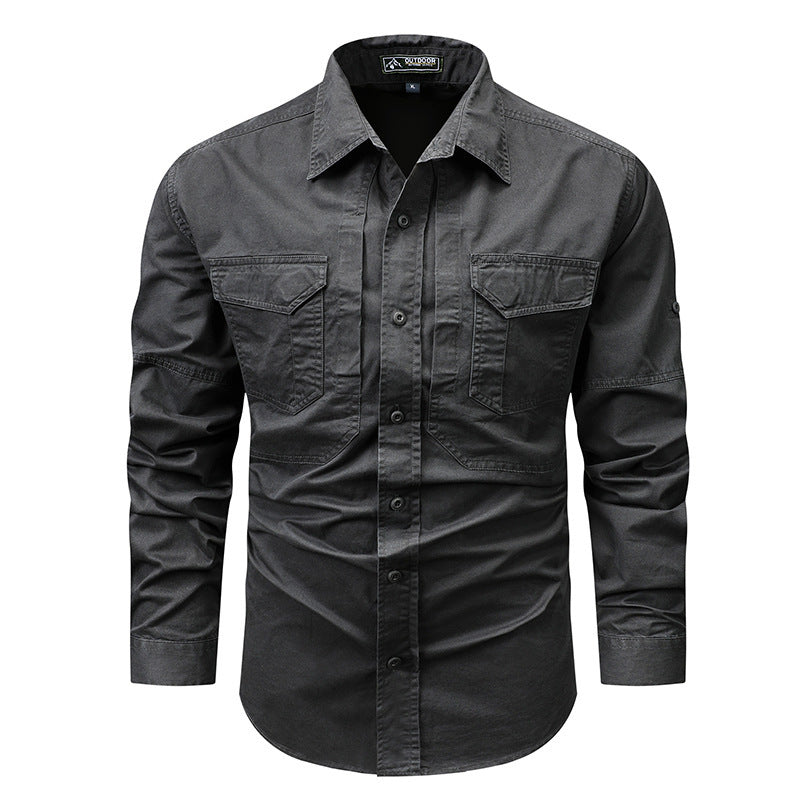Men's Long Sleeve Canvas Field Shirt with Chest Flap Pockets Chichicherry