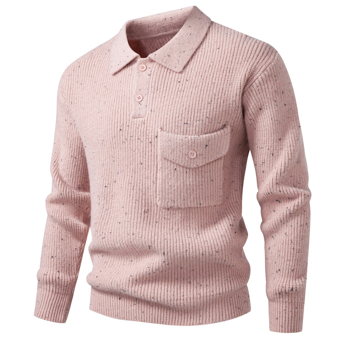 Men's ribbed knit polo collar sweater with patch chest pocket Chichicherry