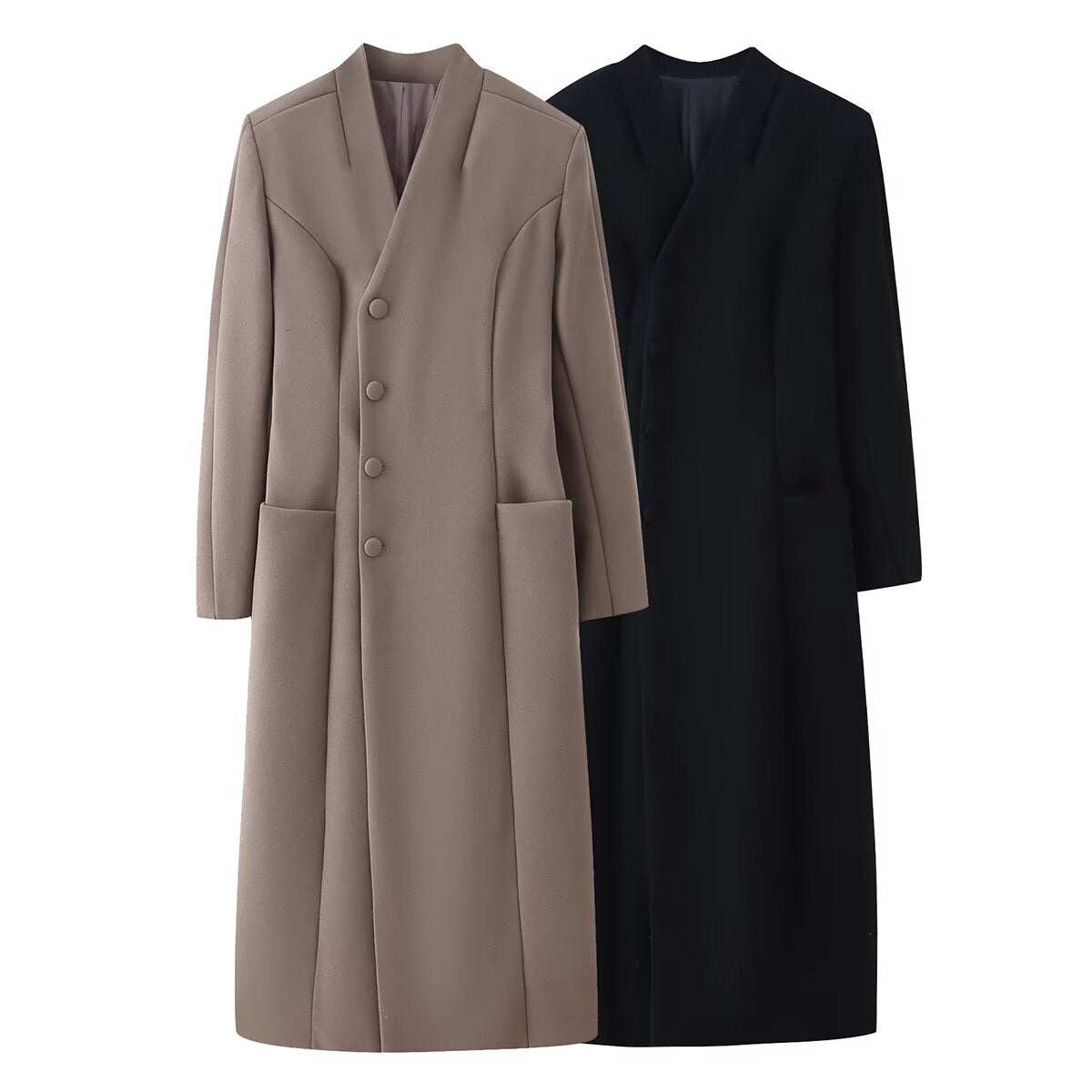 Women's Elegant Wool Look Maxi Coat with Concealed Button Placket and Patch Pockets Chichicherry