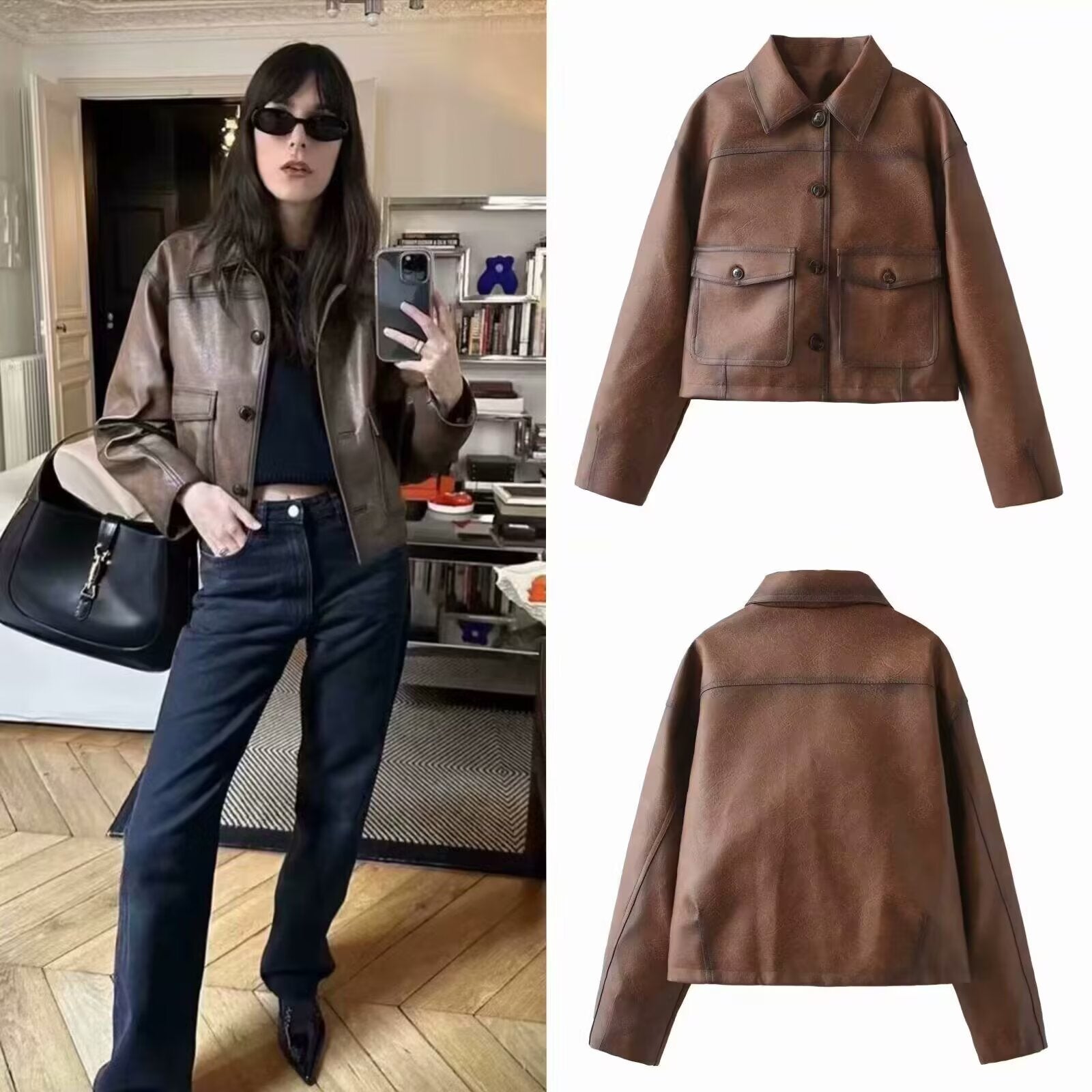 Women's short jacket made of vegan leather look in boxy worker style Chichicherry