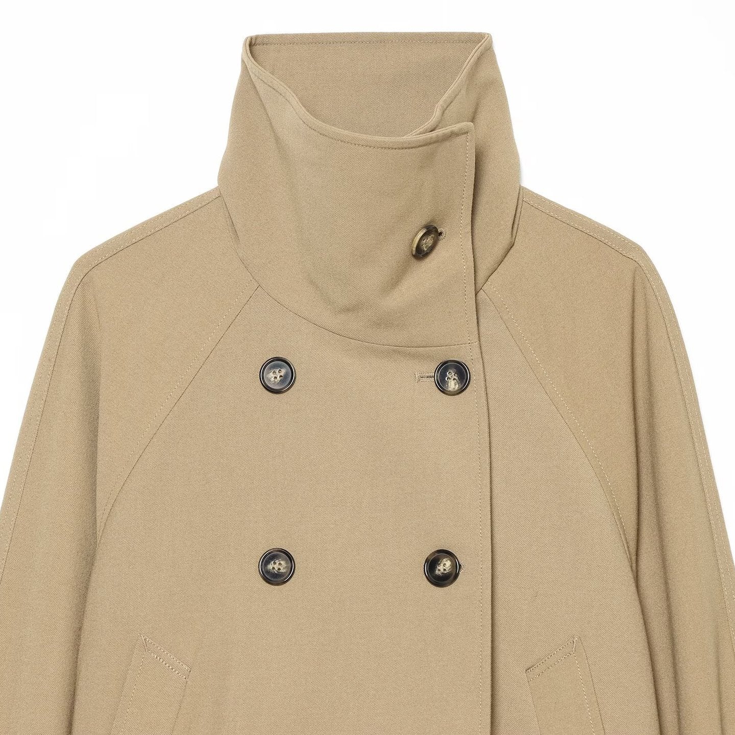 Women Cropped Trench Coat with High Funnel Collar, Raglan Sleeves and Drawstring Waistband Chichicherry