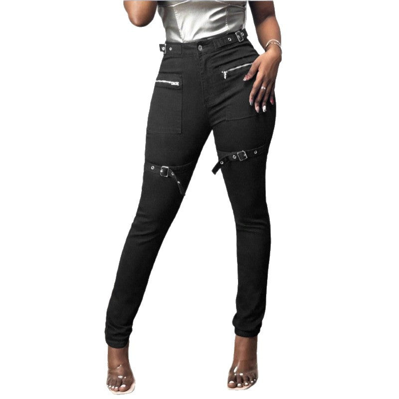 Women High-Waist Skinny Jeans with decorative zippers, patch pockets and belt decor Chichicherry