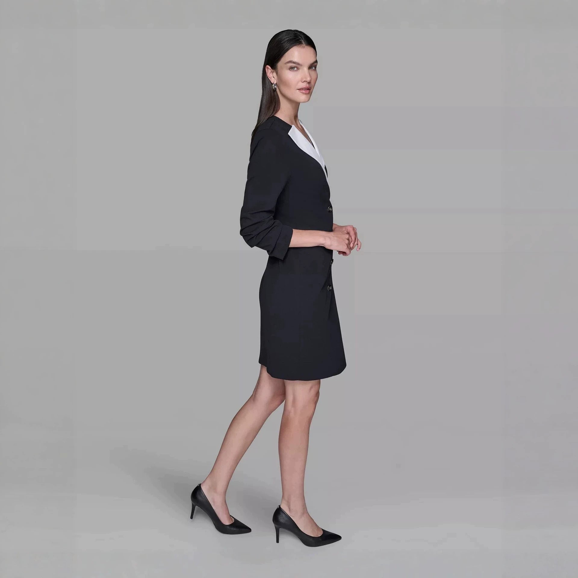 Ladies Double-Breasted Blazer Dress with Contrasting Shawl Collar Chichicherry