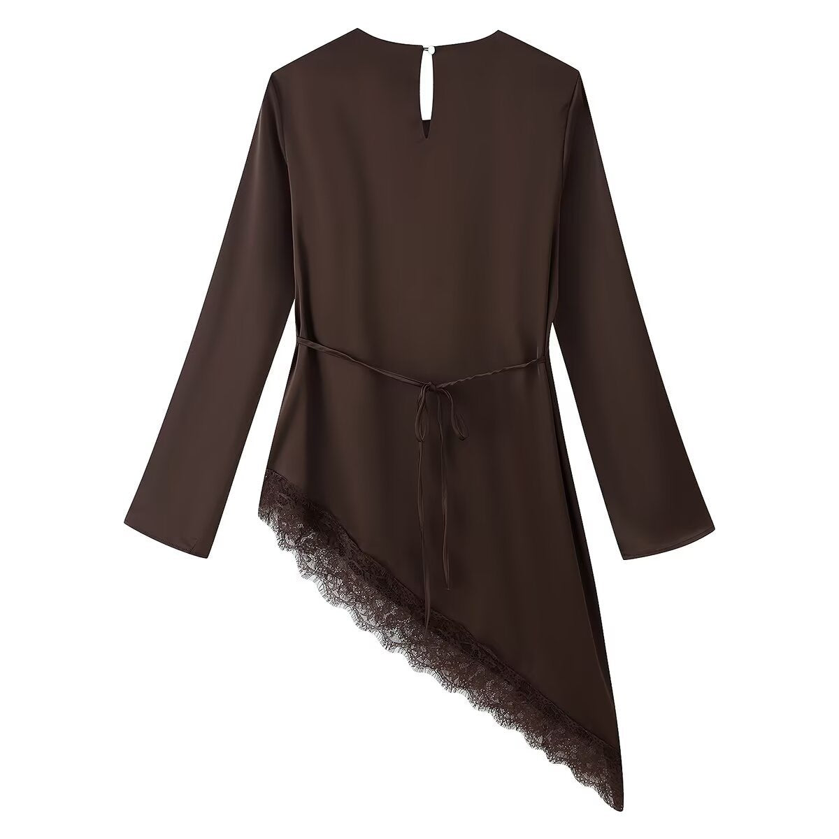 Women Asymmetrical Chiffon Blouse with Lace Trim and Long Sleeves Chichicherry