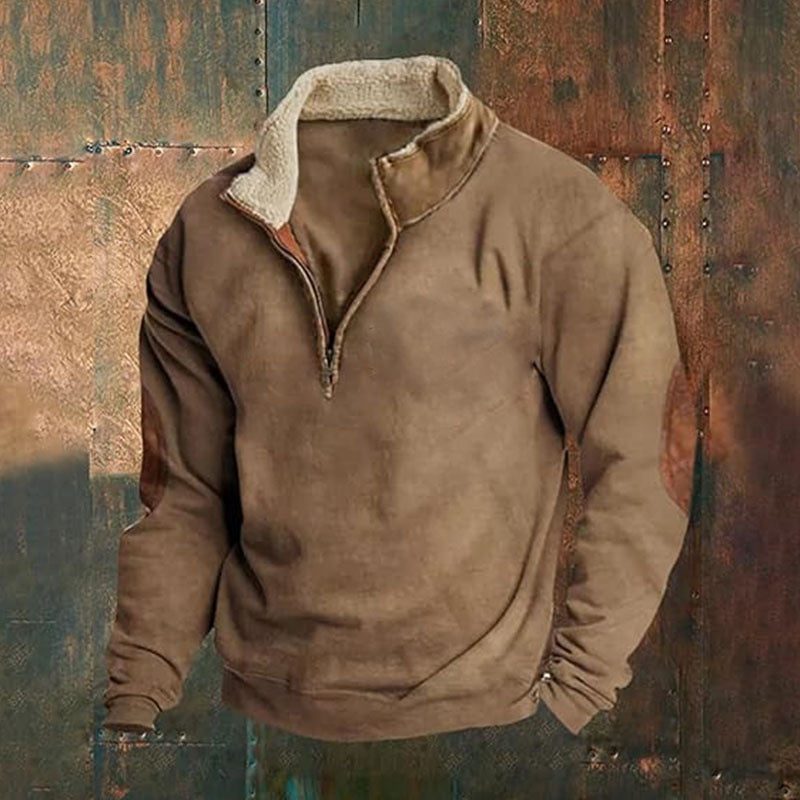 Men Cord-Optic Half-Zip Sweater with Teddy Collar and Elbow Patches Chichicherry