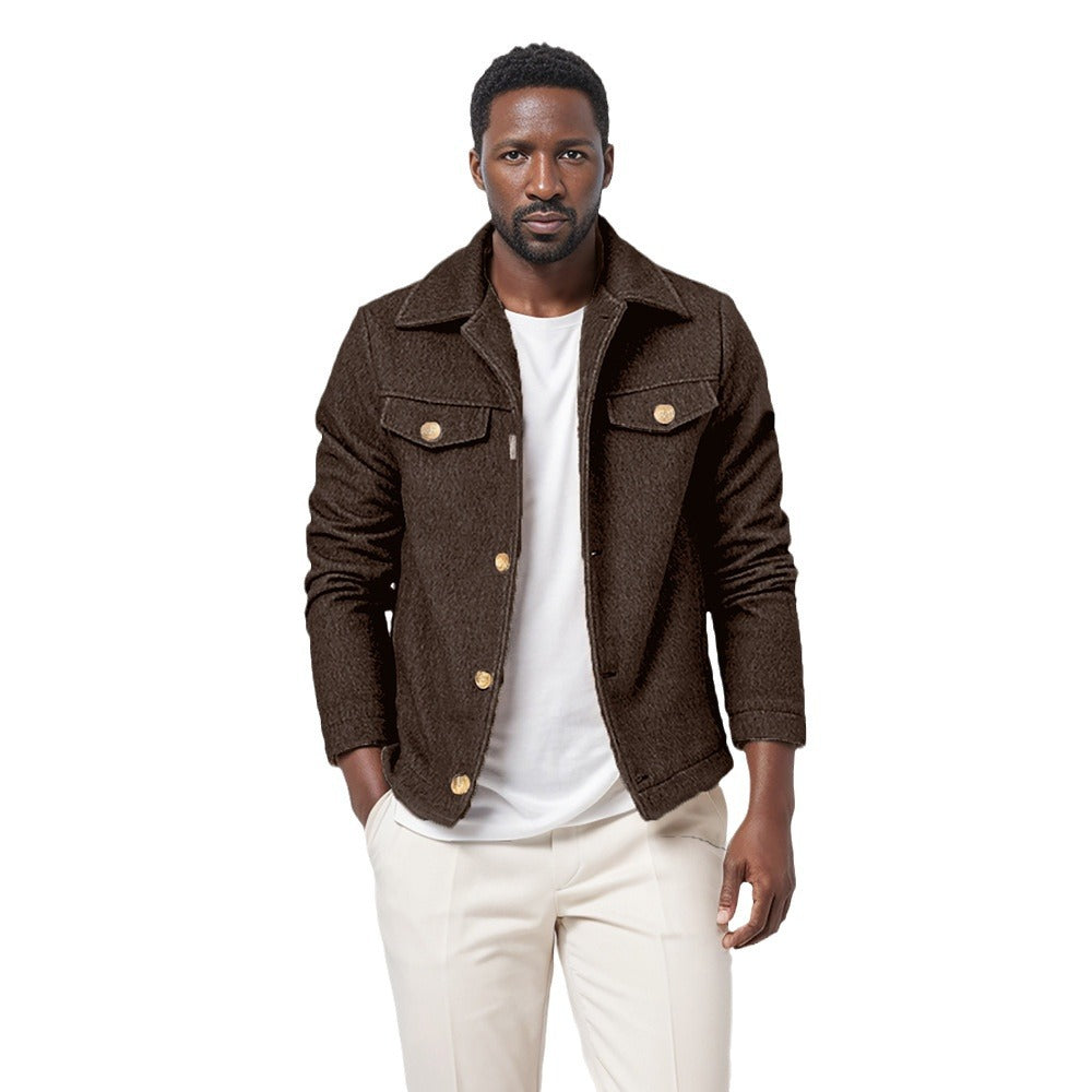 Men's Boucle Work Jacket with Shirt Collar, Chest Flap Pockets and Metal Buttons Chichicherry