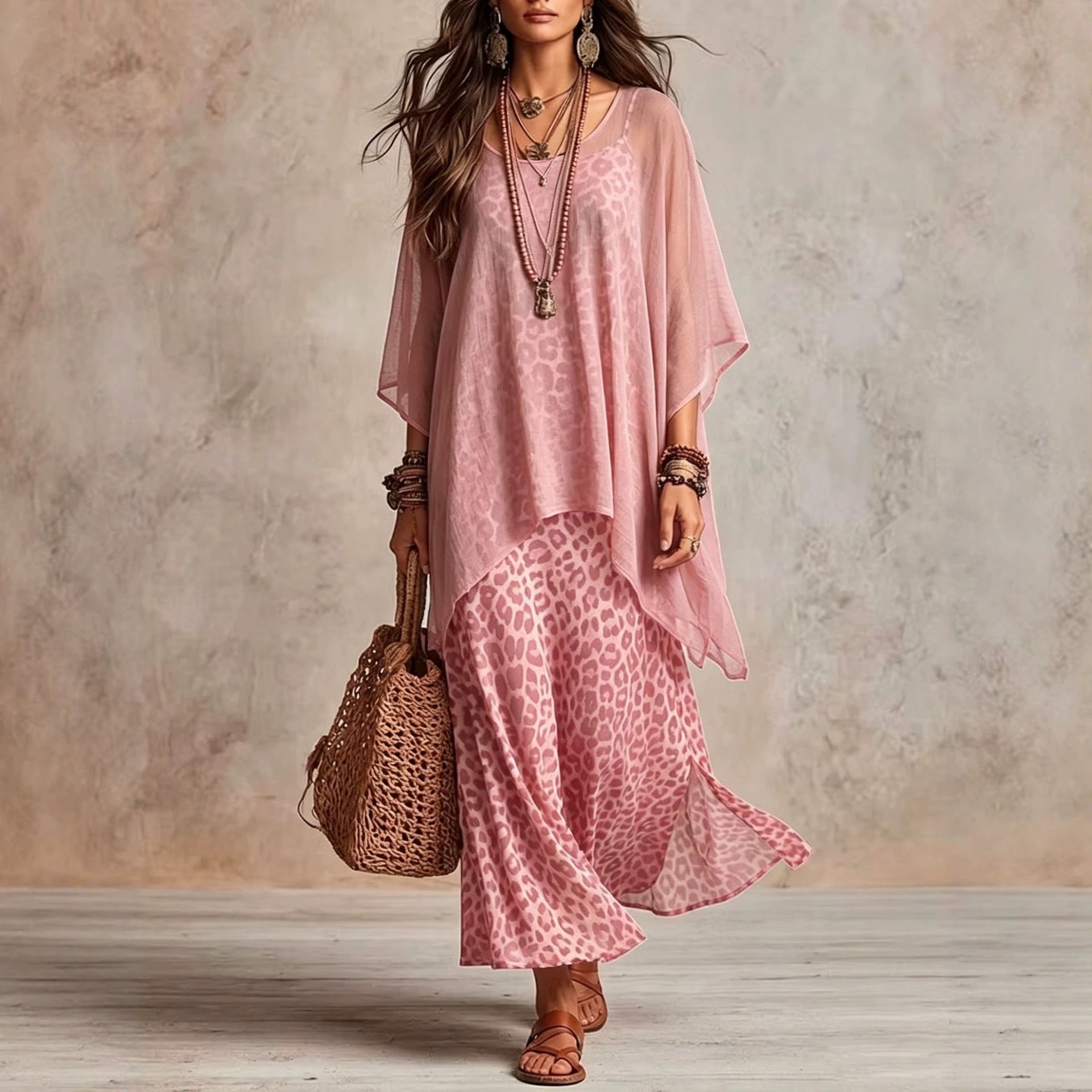 Ladies Boho maxi dress with transparent poncho overlay and leopard print