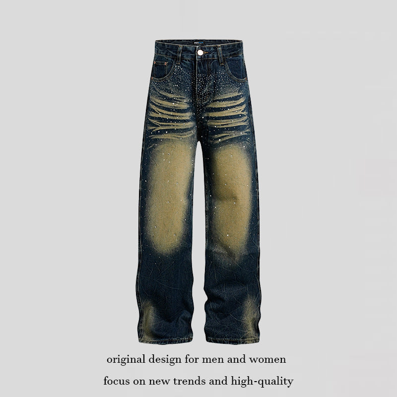 Women's wide High-Waist jeans with distressed rips and rhinestone details Chichicherry