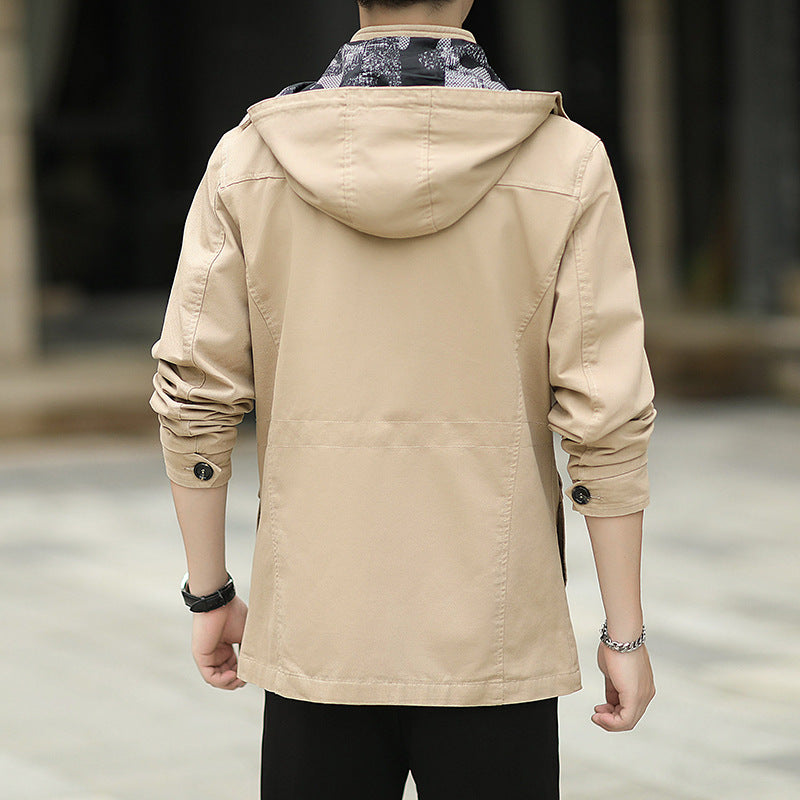 Men's lightweight canvas field jacket with hood, multifunction pockets and zipper Chichicherry