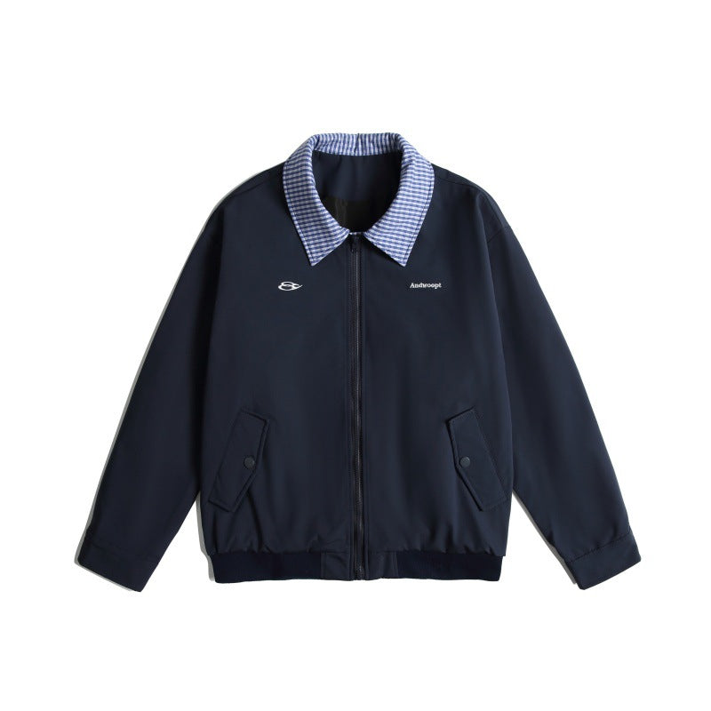 Men's Lightweight Harrington Bomber Jacket with Checkered Shirt Collar and Flap Pockets Chichicherry