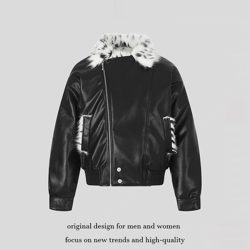 Ladies Faux Leather Bomber Jacket with Asymmetrical Zipper and Contrasting Faux Fur Collar Chichicherry