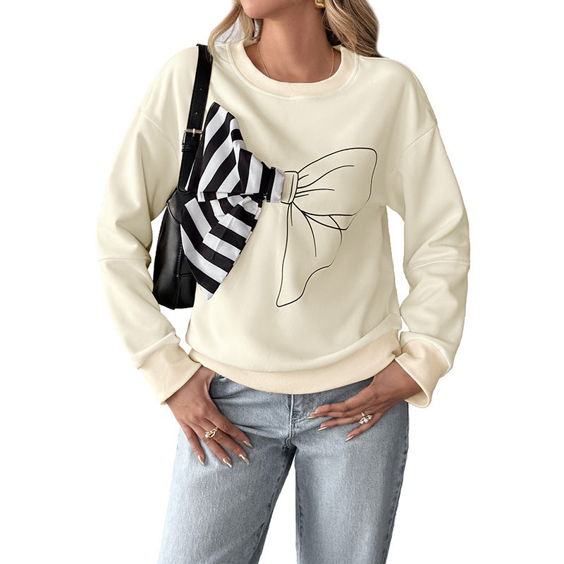 Women's Oversize Sweatshirt with 3D Bow Application and Round Neck