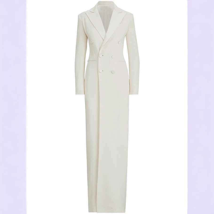 Women’s Long Tuxedo Jacket Dress with Fitted Cut and Leg Slit Chichicherry