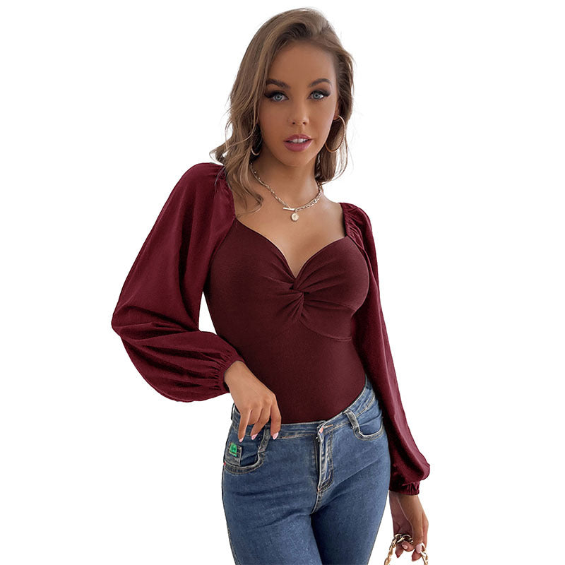 Women's Tailored Bodysuit with Heart Neckline, Knot Front and Balloon Sleeves Chichicherry