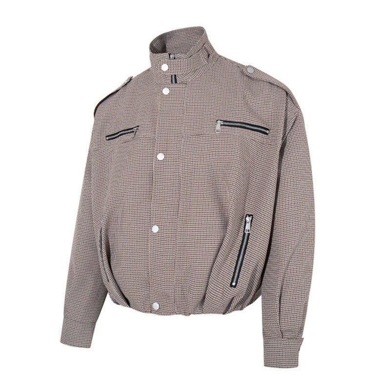 Women's Short Quilted Bomber Jacket in Houndstooth Pattern with Stand-Up Collar and Zipper Pockets Chichicherry