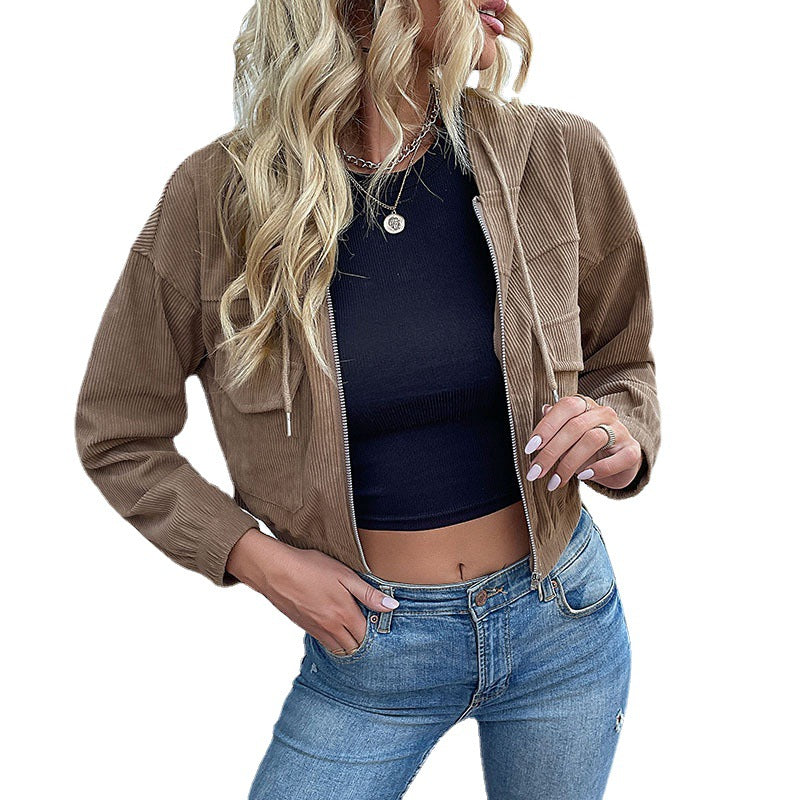 Women's Short Cord Jacket with Hood, Zipper & Chest Pockets Chichicherry