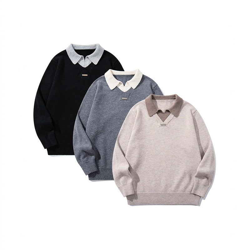 Men's Boxy Knit Sweater with Polo Collar and V-Inset Chichicherry