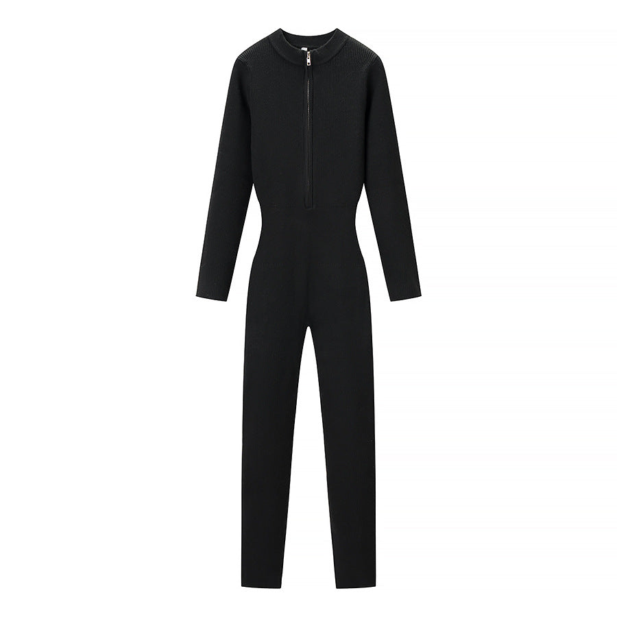 Women's Fitted Rib Knit Jumpsuit with Stand-Up Collar and Front Zip Chichicherry
