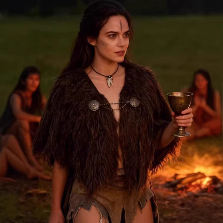 Ladies Viking-inspired Faux-Fur Cape with rustic fringe look and shoulder drape Chichicherry