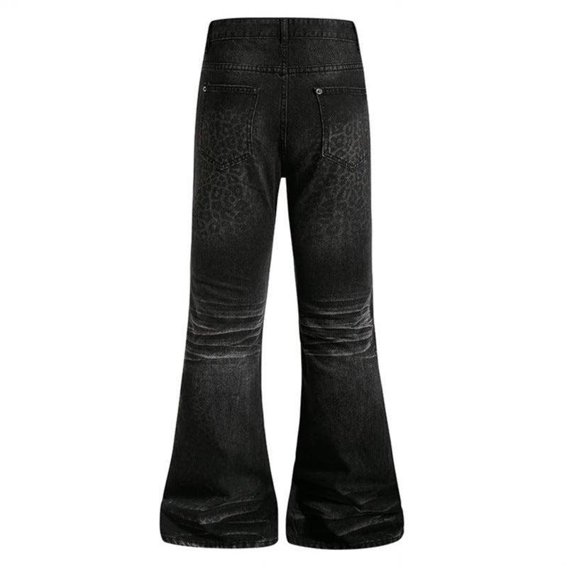 Women's High-Cut Flared Jeans with Subtle Leo Print and Used Wash Chichicherry