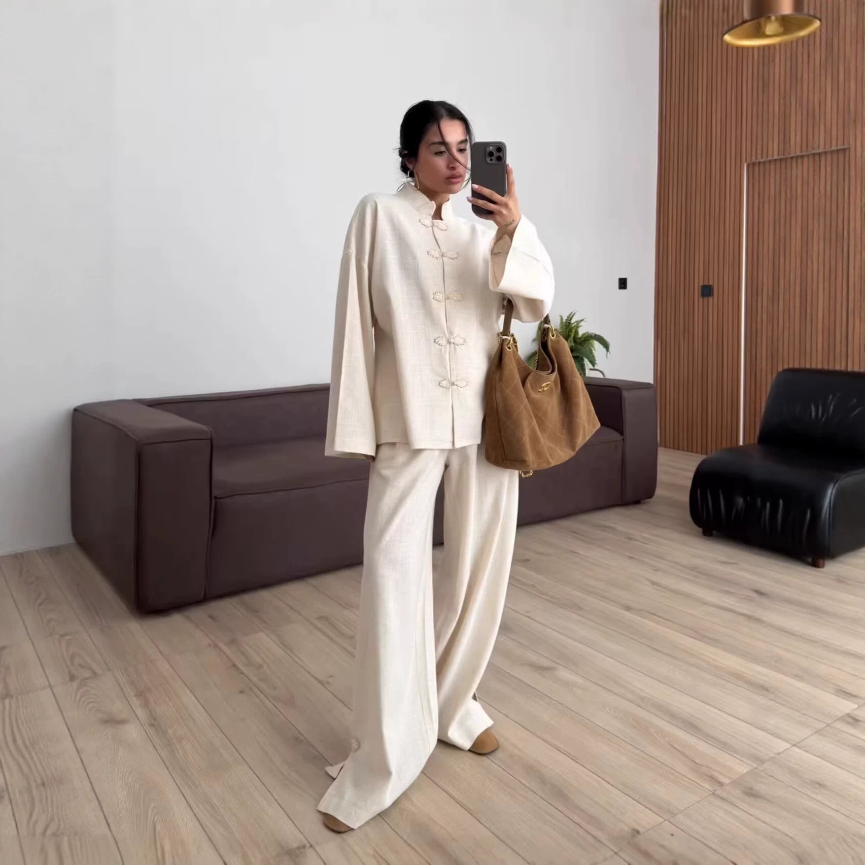 Ladies Two-Piece Linen Look Set with Mandarin Collar and Chinese Knot Closures Chichicherry