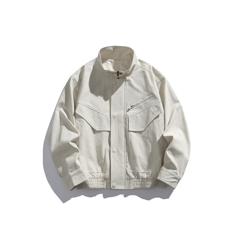 Men's Oversized Canvas Field Blouson with Utility Pockets and Stand-up Collar Chichicherry