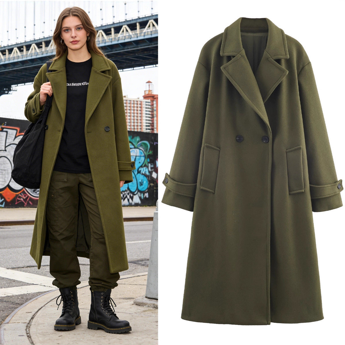 Women Oversized Wool Blend Coat with Double-Breasted Closure, Wide Lapels and Sleeve Tabs Chichicherry