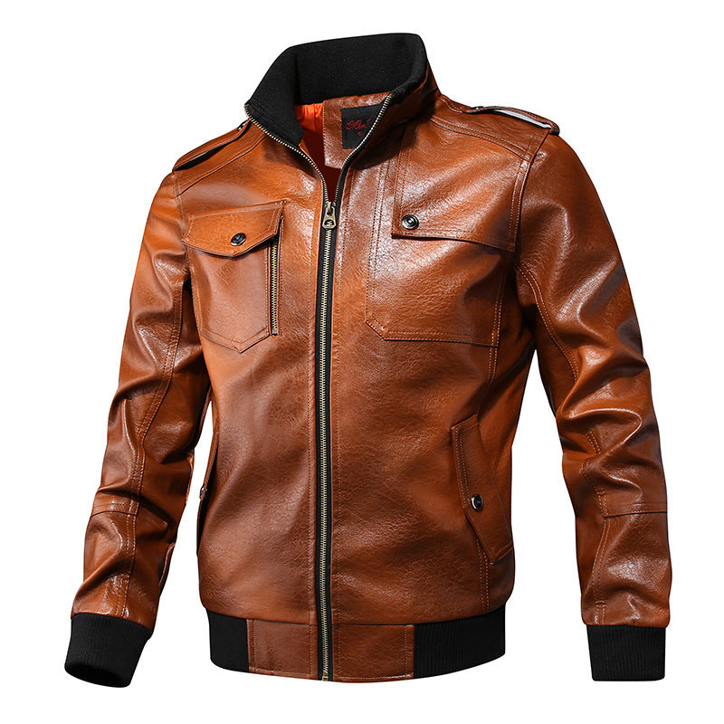 Men's Faux Leather Flight Jacket with Shoulder Epaulettes, Chest Pockets, and Ribbed Cuffs Chichicherry