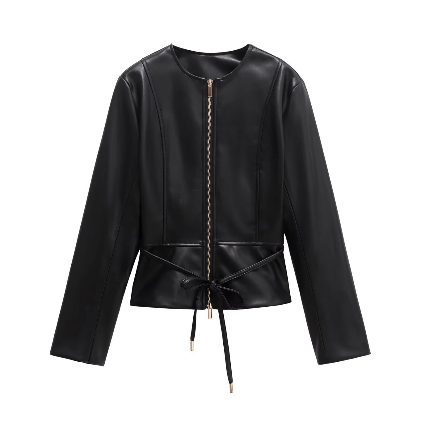 Women's Collarless Faux Leather Jacket with Zipper and Waistband Chichicherry